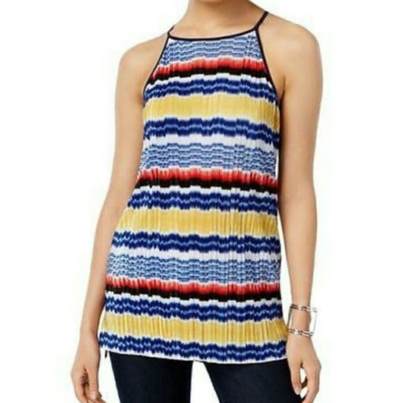Vince Camuto Multi Color Stripe Ikat Colorful Crinkle Texture Halter Tank - Picture 1 of 10
